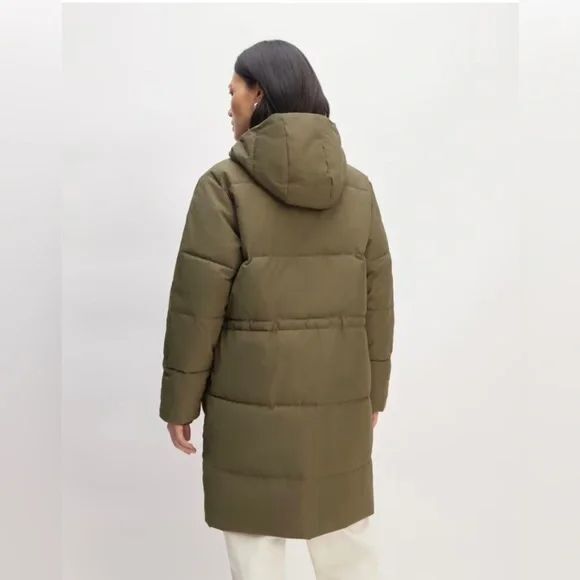 Everlane The Renew Long Puffer Coat Womens Small Kalamata Olive Hooded Primaloft - Picture 6 of 11